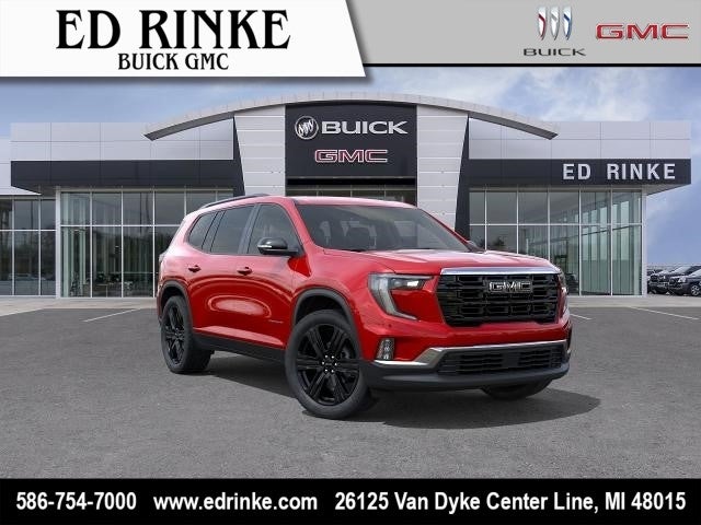 2026 GMC Acadia Elevation in Volcanic Red Tintcoat — front three-quarter view